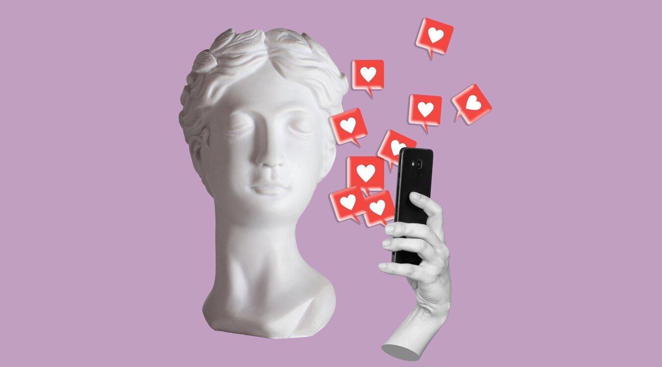 Statue am Handy mit vielen Likes